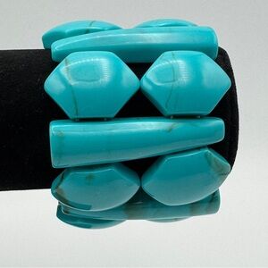 Chunky Turquoise Blue Wide Stretch Bracelet Geometric Plastic Beads 2.5”